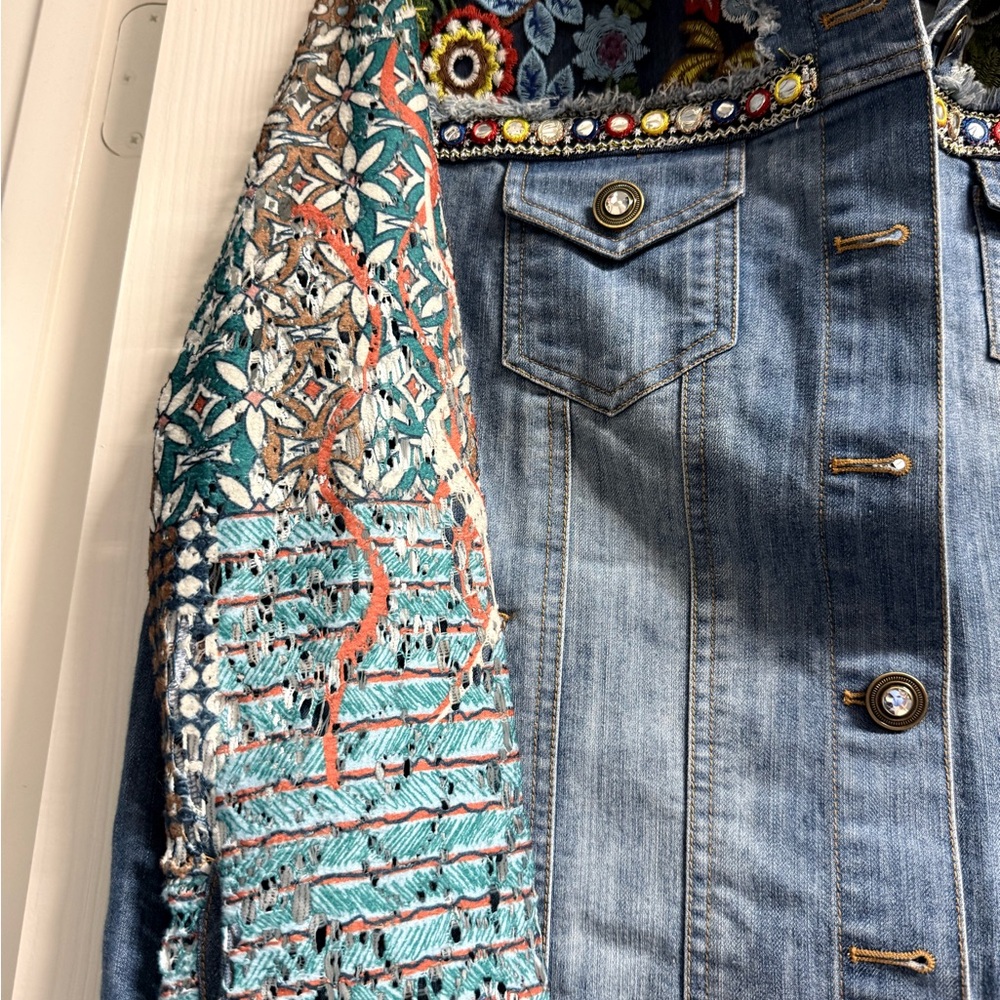 Multiples Blue Denim Jacket with Multicolor Embroidered Sleeves - Picture 3 of 10